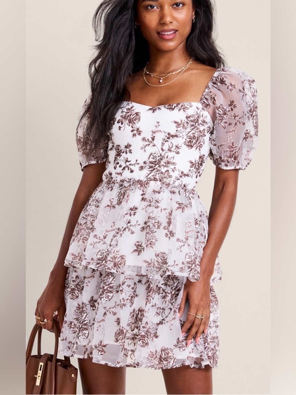 Francesca's Collections White Mini Dress with Brown Floral Print
